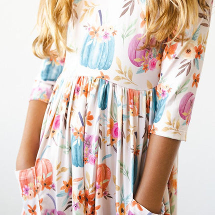 Harvest Blooms 3/4 Sleeve Pocket Twirl Dress