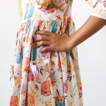 Harvest Blooms 3/4 Sleeve Pocket Twirl Dress