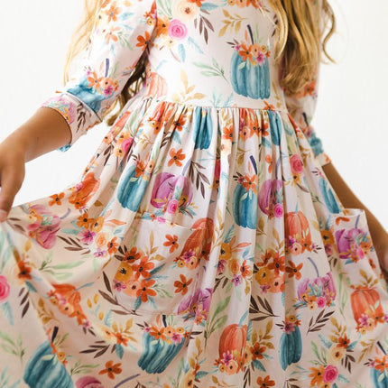 Harvest Blooms 3/4 Sleeve Pocket Twirl Dress