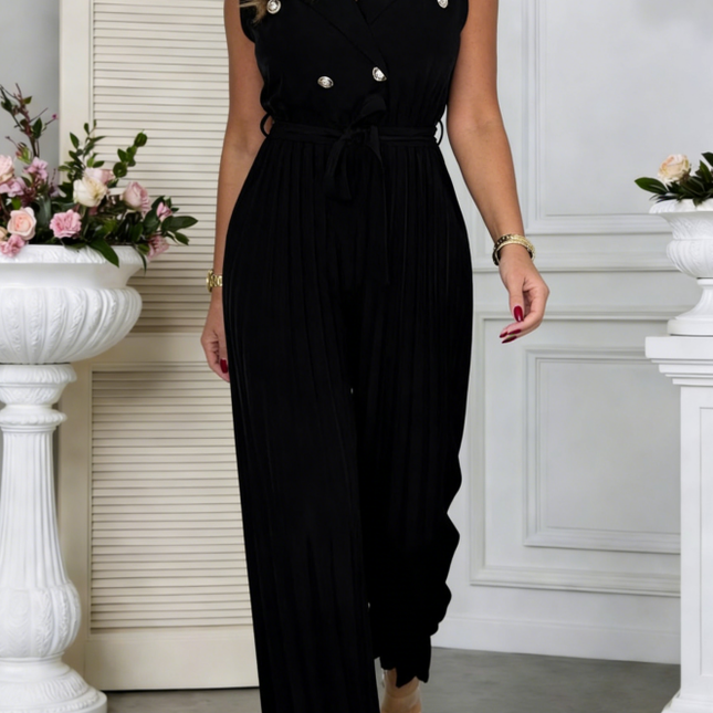 Summer Sleeveless V-Neck Tie-Front Pleated Jumpsuit Dress