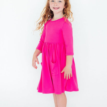 Hot Pink 3/4 Sleeve Pocket Twirl Dress