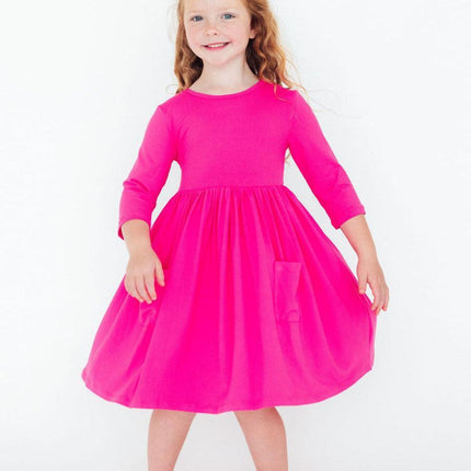 Hot Pink 3/4 Sleeve Pocket Twirl Dress