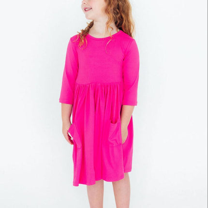 Hot Pink 3/4 Sleeve Pocket Twirl Dress