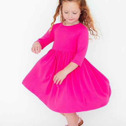 Hot Pink 3/4 Sleeve Pocket Twirl Dress