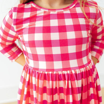 Hot Pink Gingham 3/4 Sleeve Pocket Twirl Dress