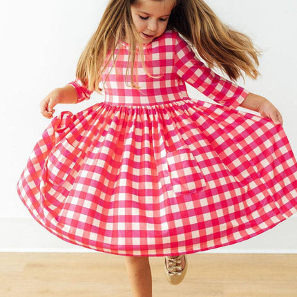 Hot Pink Gingham 3/4 Sleeve Pocket Twirl Dress