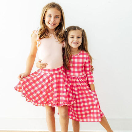 Hot Pink Gingham 3/4 Sleeve Pocket Twirl Dress