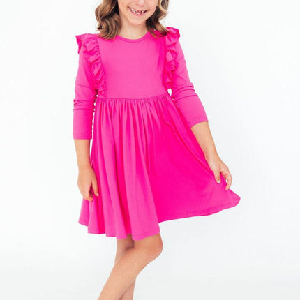 Hot Pink L/S Ruffle Twirl Dress