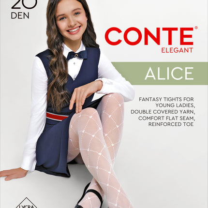Conte Alice 20 Den - Fantasy Tights for Girls with Geometric Pattern and Hearts - 12, 14, 16yr. (24S-169SP)