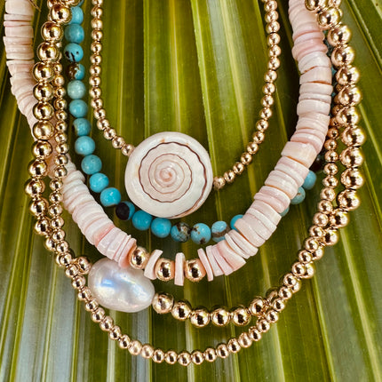 Natural Turquoise + 14K Gold Filled || Beaded Stretch Bracelet