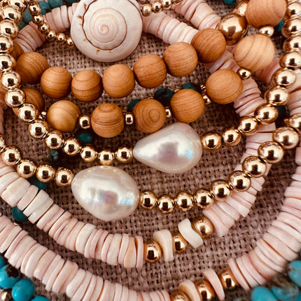 Natural Turquoise + 14K Gold Filled || Beaded Stretch Bracelet