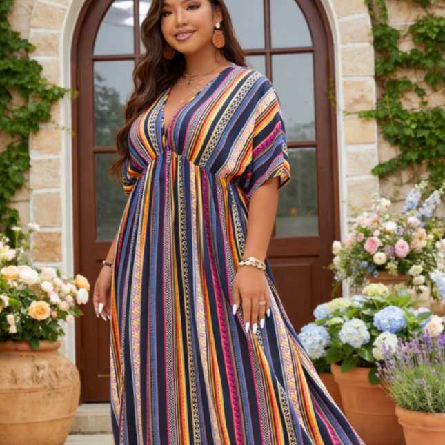 Colorful Stripe Batwing Sleeve Slit Dress