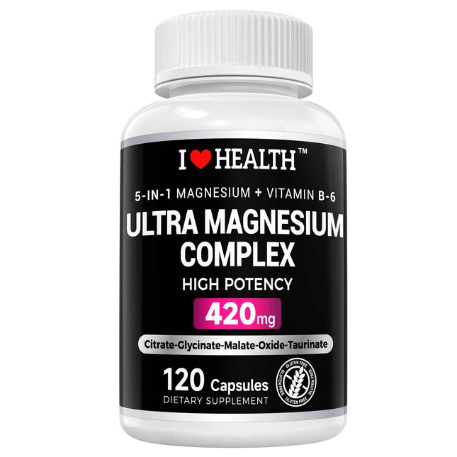 5-in-1 Magnesium Complex + Vitamin B6 Supplement - 420MG - High Absorption Magnesium Supplement for Sleep, Nerves, Muscles, Bones, 120 Capsules