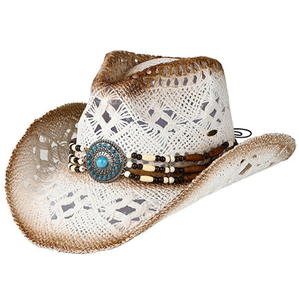 C.C Women's Western Wooden Bead Band Tea-Stain Cowboy Hat