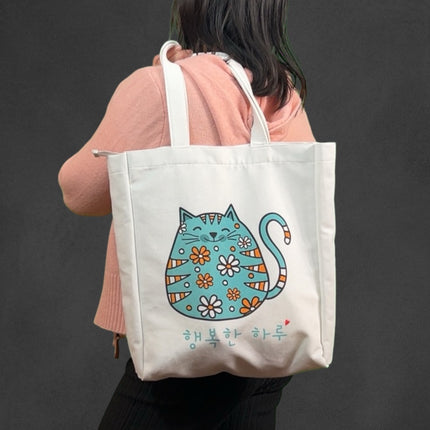KPOP Cartoon Cat Tote – Korean Flannel Bag with Zipper Pocket