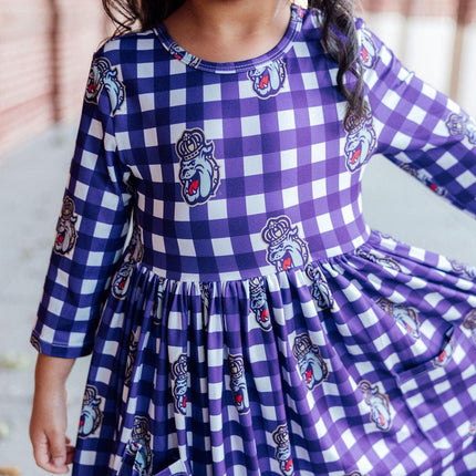 JMU Plaid Duke Dog 3/4 Sleeve Pocket Twirl Dress