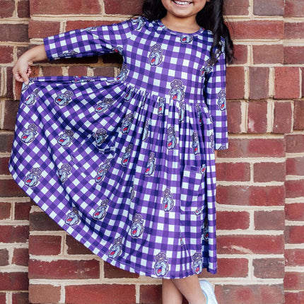 JMU Plaid Duke Dog 3/4 Sleeve Pocket Twirl Dress