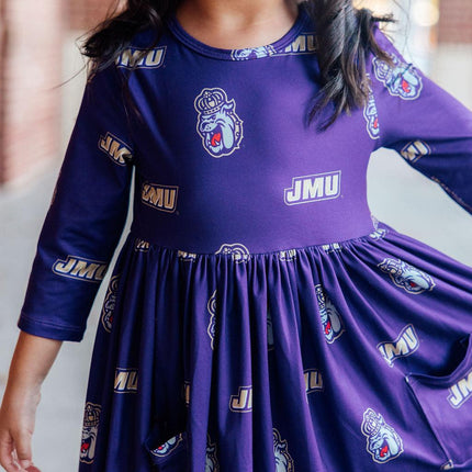 JMU Purple Duke Dog 3/4 Sleeve Pocket Twirl Dress