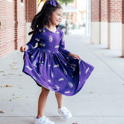 JMU Purple Duke Dog 3/4 Sleeve Pocket Twirl Dress