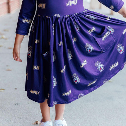 JMU Purple Duke Dog 3/4 Sleeve Pocket Twirl Dress