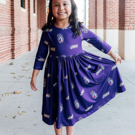 JMU Purple Duke Dog 3/4 Sleeve Pocket Twirl Dress