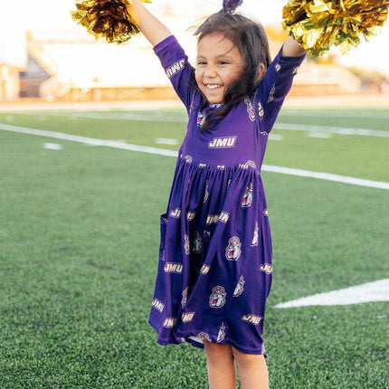 JMU Purple Duke Dog 3/4 Sleeve Pocket Twirl Dress