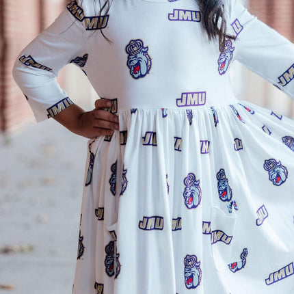 JMU White Duke Dog 3/4 Sleeve Pocket Twirl Dress
