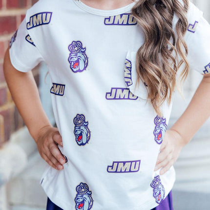 JMU White Duke Dog Ruffle Pocket Tee