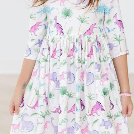 Dino Darling 3/4 Sleeve Pocket Twirl Dress