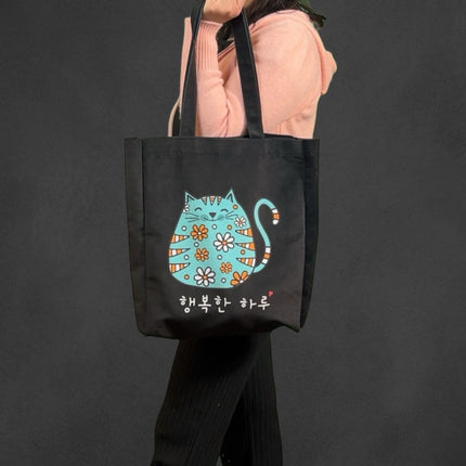 KPOP Cartoon Cat Tote – Korean Flannel Bag with Zipper Pocket