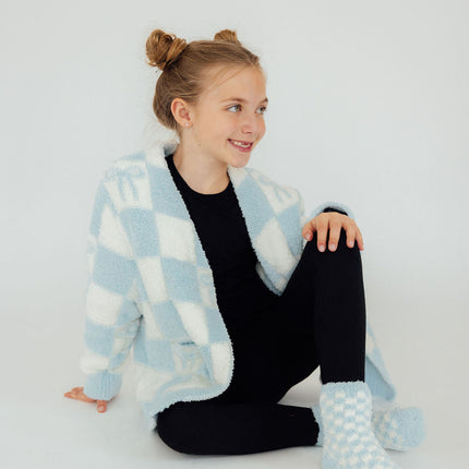 Light Blue Checker Bow Cozy Cardigan