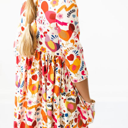 Little Red Hen 3/4 Sleeve Pocket Twirl Dress