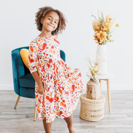 Little Red Hen 3/4 Sleeve Pocket Twirl Dress
