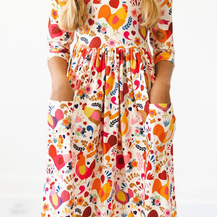 Little Red Hen 3/4 Sleeve Pocket Twirl Dress