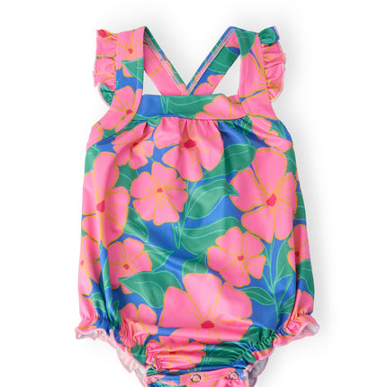 Luau Floral Ruffle Cross Back Romper