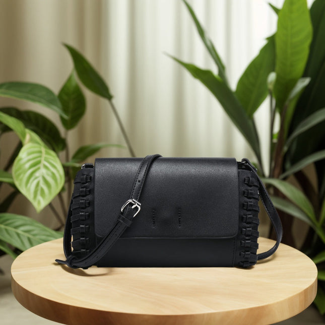 Silver Small Crossbody Bag Tan Compact Black Square Purse With Handcrafted Weave detail - Dashing Nova