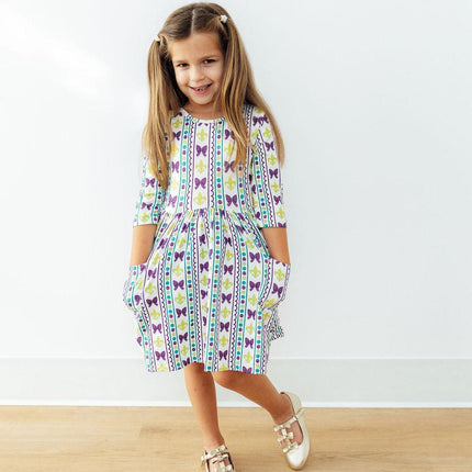 Mardi Gras 3/4 Sleeve Pocket Twirl Dress