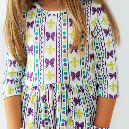 Mardi Gras 3/4 Sleeve Pocket Twirl Dress
