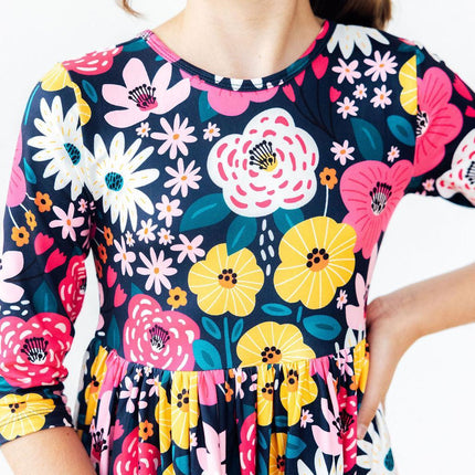 Midnight Floral 3/4 Sleeve Pocket Twirl Dress