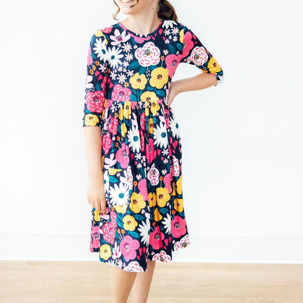 Midnight Floral 3/4 Sleeve Pocket Twirl Dress