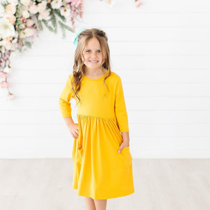 Mustard 3/4 Sleeve Pocket Twirl Dress