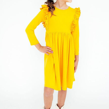 Mustard L/S Ruffle Twirl Dress