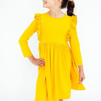 Mustard L/S Ruffle Twirl Dress