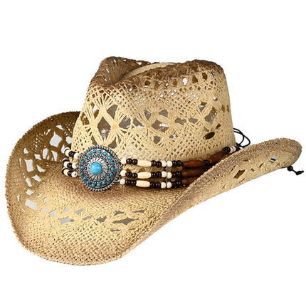 C.C Women's Western Wooden Bead Band Tea-Stain Cowboy Hat