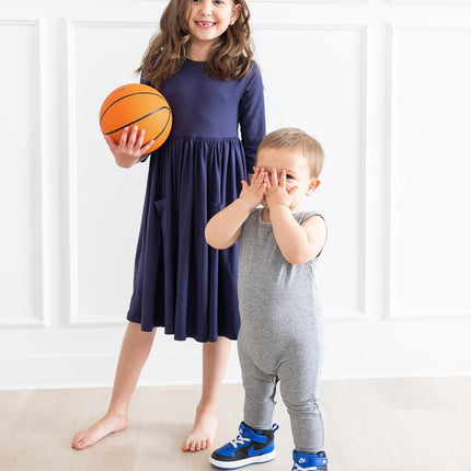 Navy 3/4 Sleeve Pocket Twirl Dress