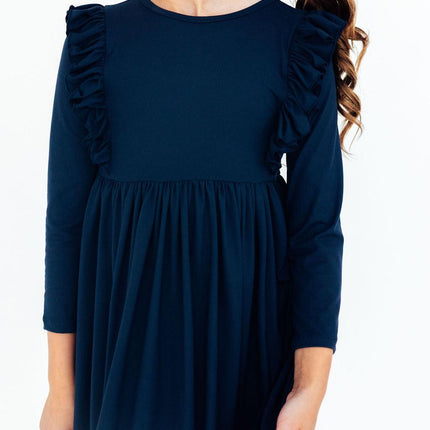 Navy L/S Ruffle Twirl Dress