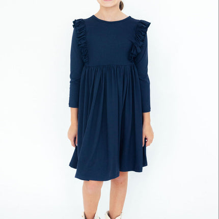 Navy L/S Ruffle Twirl Dress
