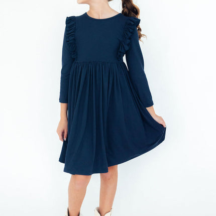 Navy L/S Ruffle Twirl Dress