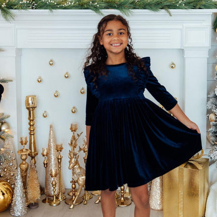 Navy Velvet Ruffle Twirl Dress