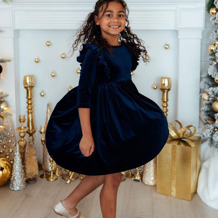 Navy Velvet Ruffle Twirl Dress